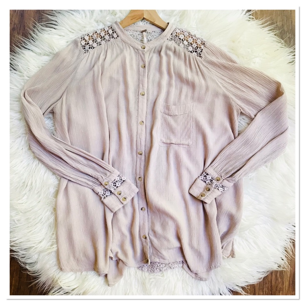 Free People The Best Blouse Top Beige Color See Through Crochet Back Size M